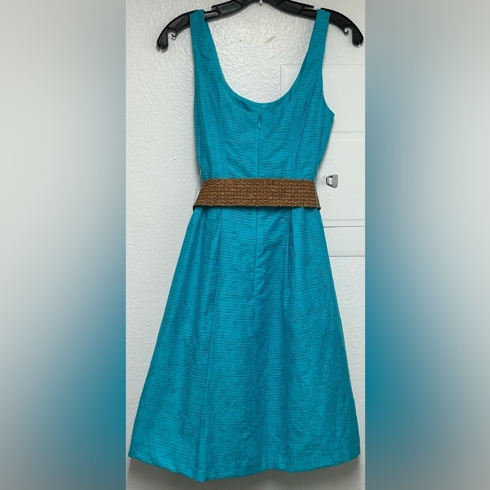 Nine West Textured Sleeveless Fit & Flare With Raffia Belt in Turquoise Blue - Picture 3 of 5